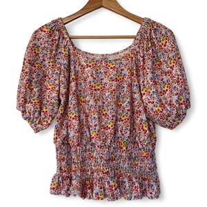 LOFT Floral Garden Smocked Waist Ruffed Hem, Puff Sleeve Peasant Top, Size M
